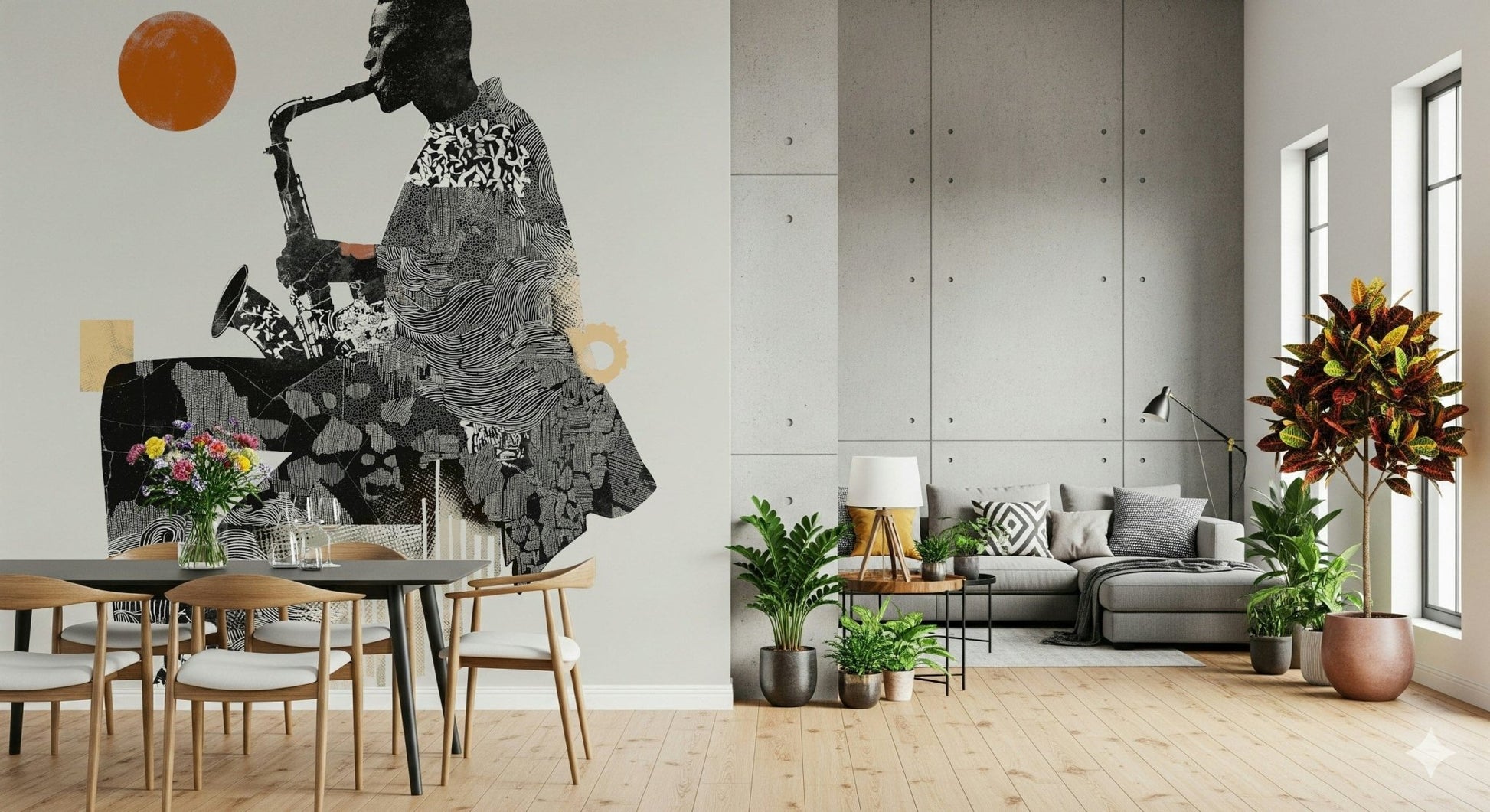 Urban Jazz wallpaper mural of a collage saxophonist beside a wood dining table and grey sofa with plants