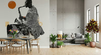 Urban Jazz wallpaper mural of a collage saxophonist beside a wood dining table and grey sofa with plants