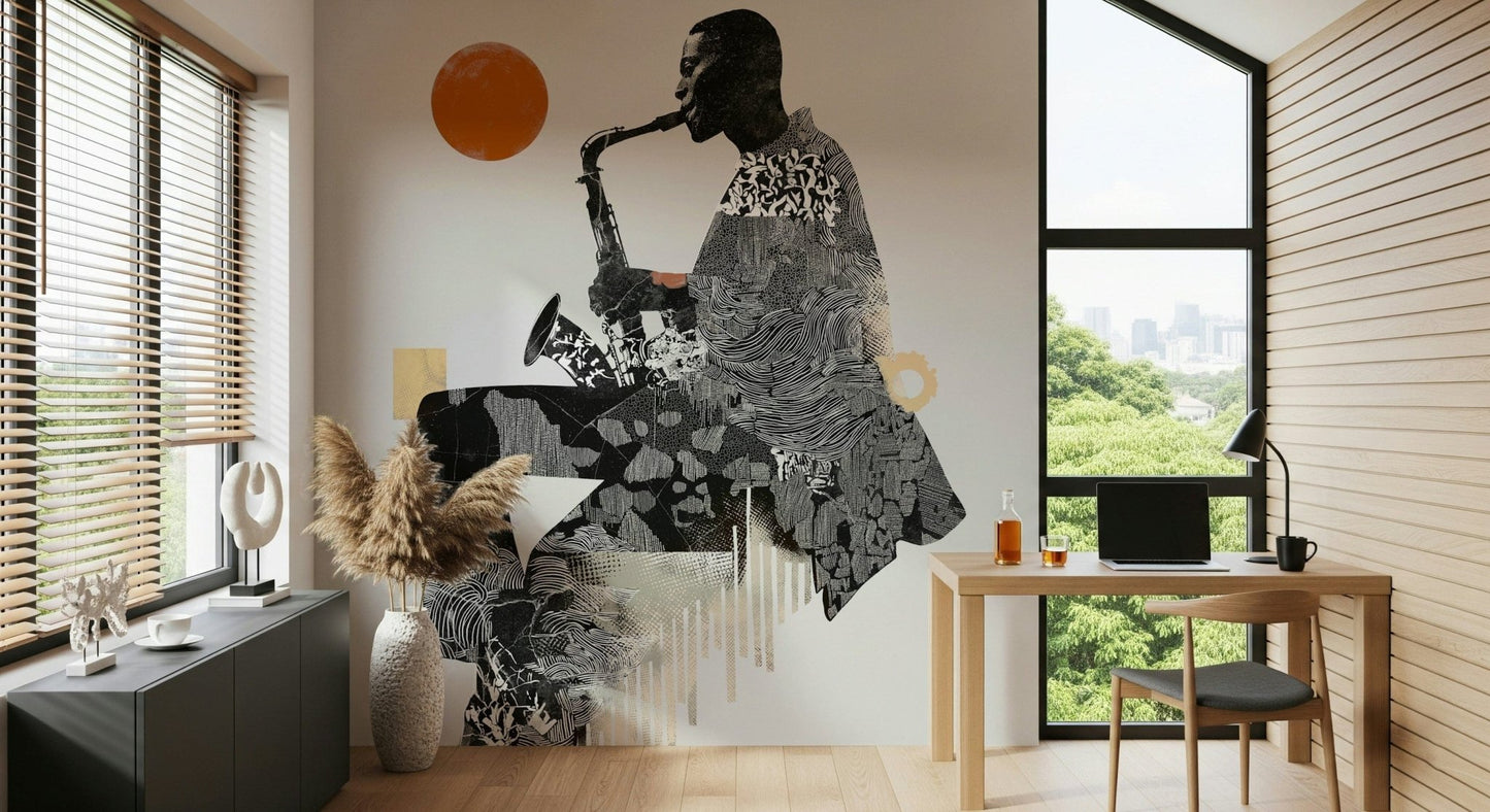 Urban Jazz wallpaper mural of a black-and-white saxophonist behind a wood desk and laptop in a home office