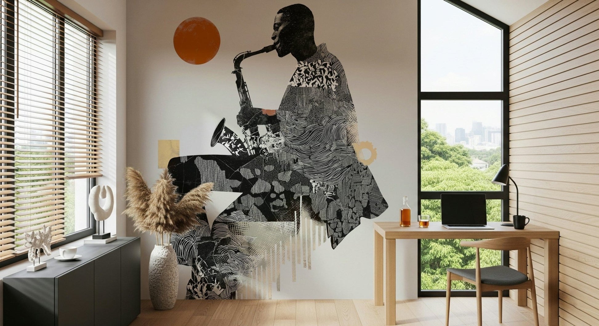 Urban Jazz wallpaper mural of a black-and-white saxophonist behind a wood desk and laptop in a home office