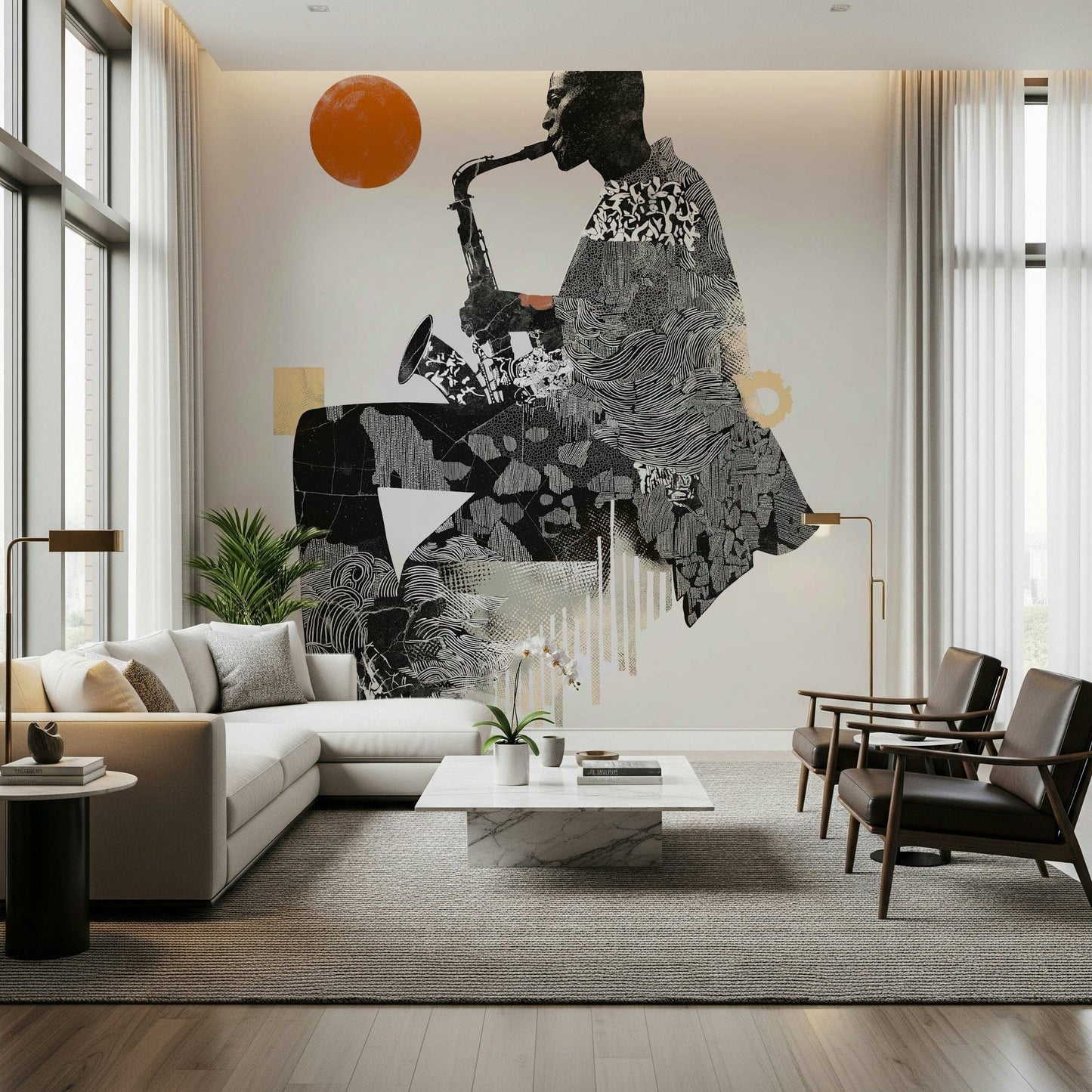 Urban Jazz wallpaper mural of a collage saxophone player behind a cream sectional and leather armchairs
