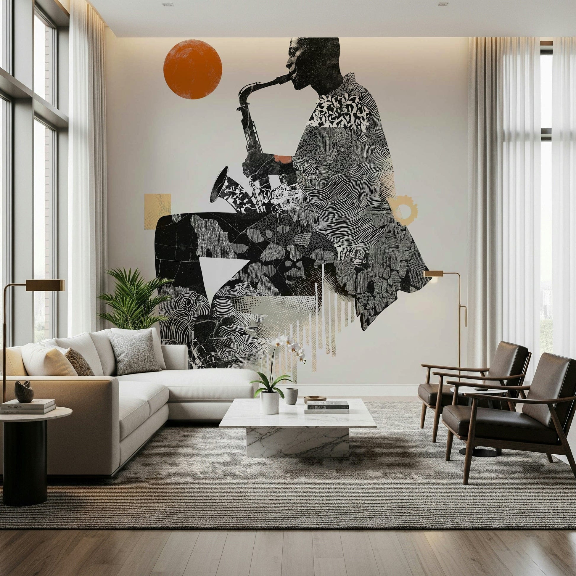 Urban Jazz wallpaper mural of a collage saxophone player behind a cream sectional and leather armchairs
