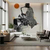 Urban Jazz wallpaper mural of a collage saxophone player behind a cream sectional and leather armchairs