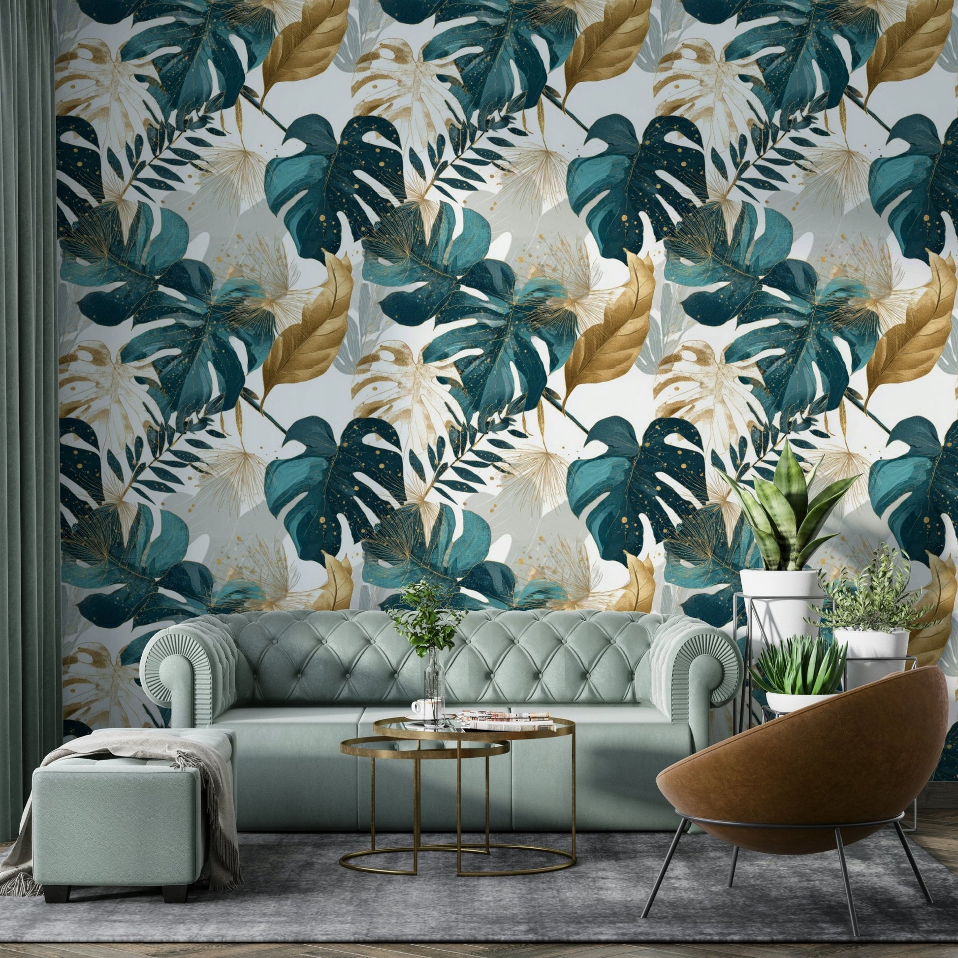 Palm and monstera leaf pattern in vibrant colors


