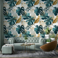 Palm and monstera leaf pattern in vibrant colors


