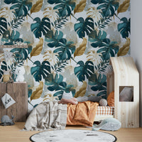 Statement wall with dense leaf pattern wallpaper

