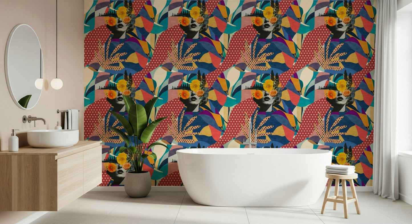 Urban Muse wallpaper behind a freestanding tub and wood vanity in a bathroom