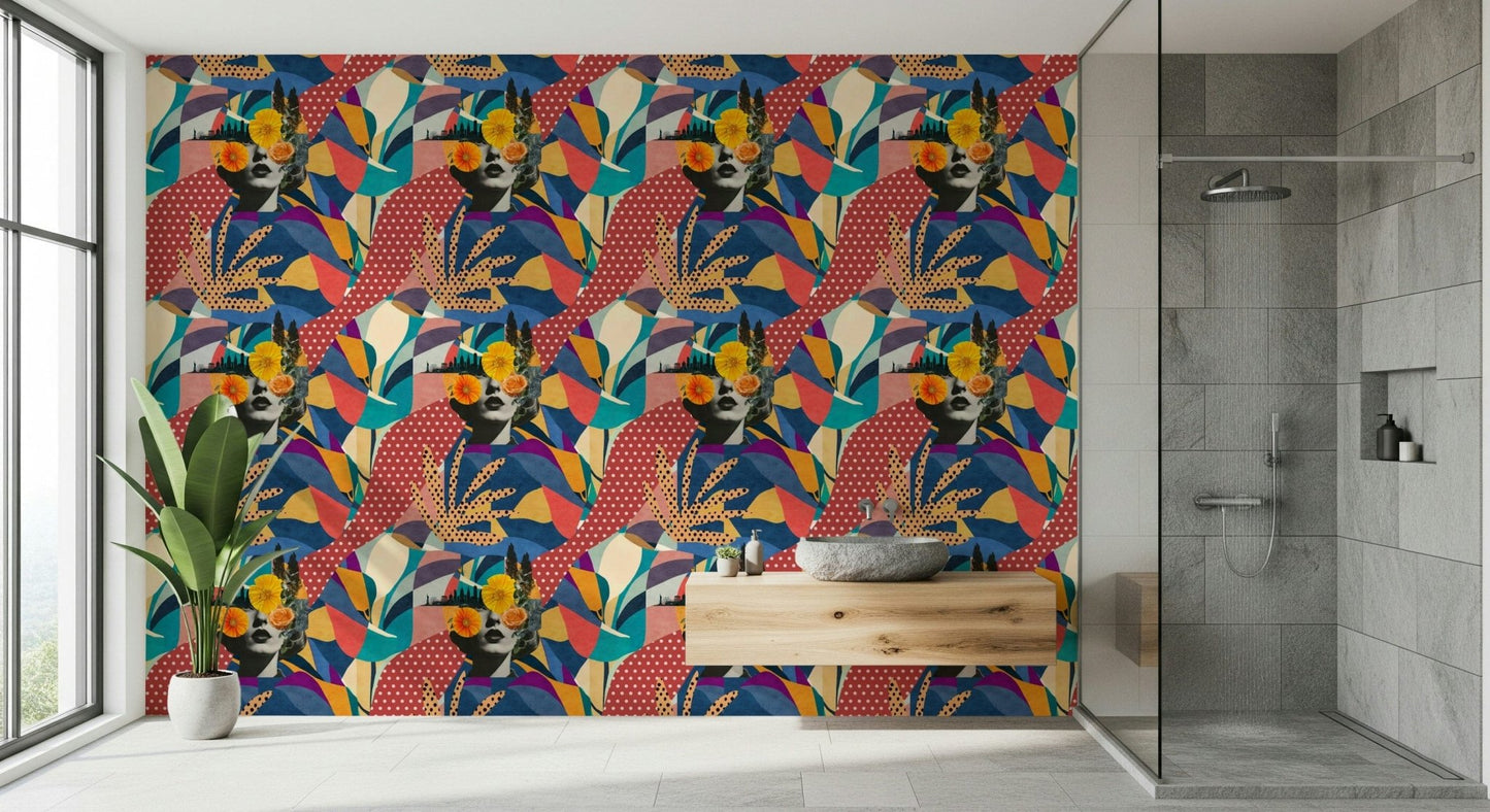 Urban Muse wallpaper in a bathroom with a glass walk-in shower and floating wood vanity