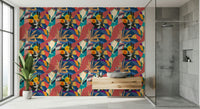 Urban Muse wallpaper in a bathroom with a glass walk-in shower and floating wood vanity