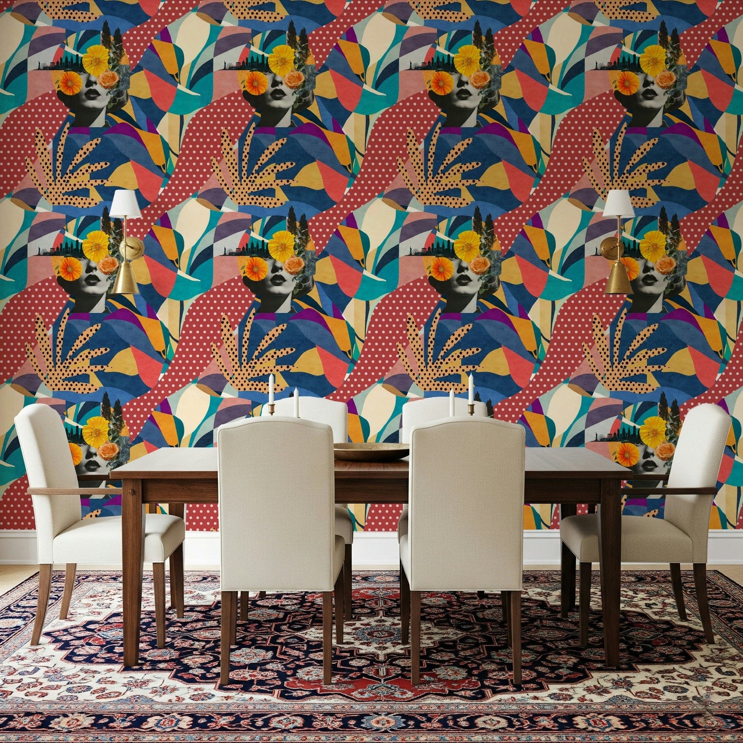 Urban Muse wallpaper behind a dark wood dining table with cream chairs and a Persian rug