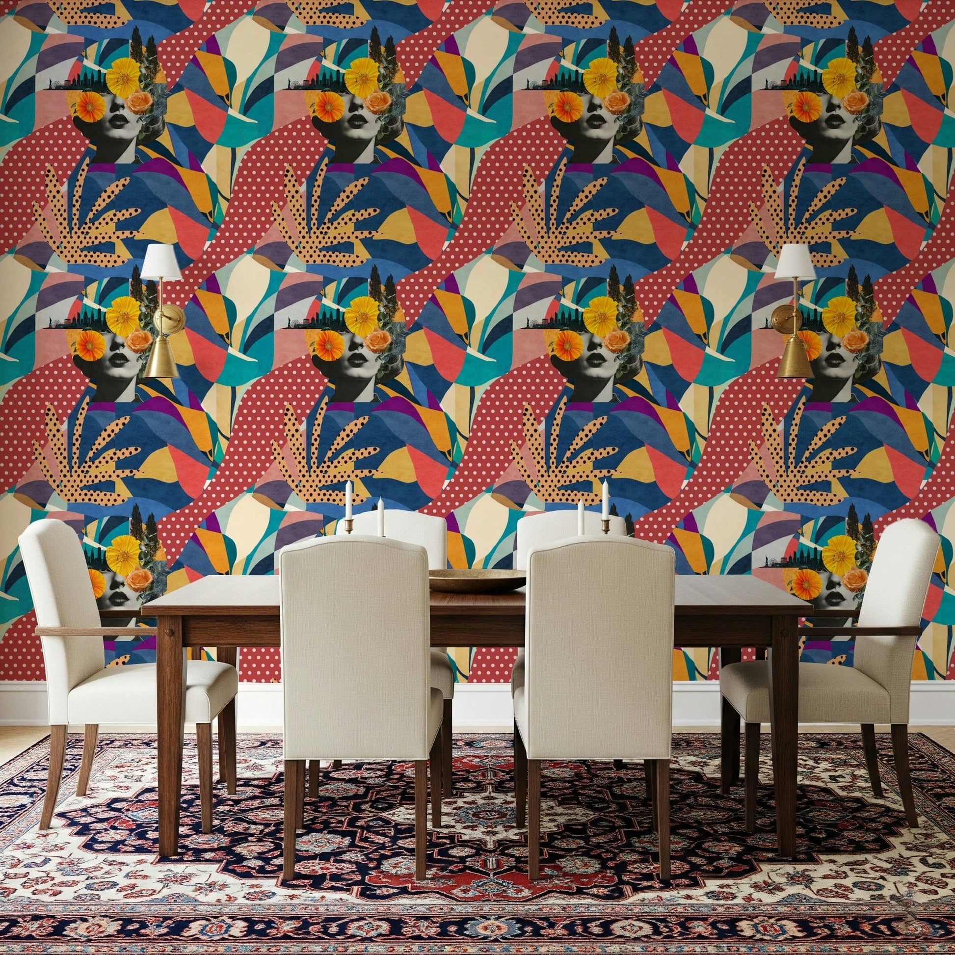 Urban Muse wallpaper behind a dark wood dining table with cream chairs and a Persian rug