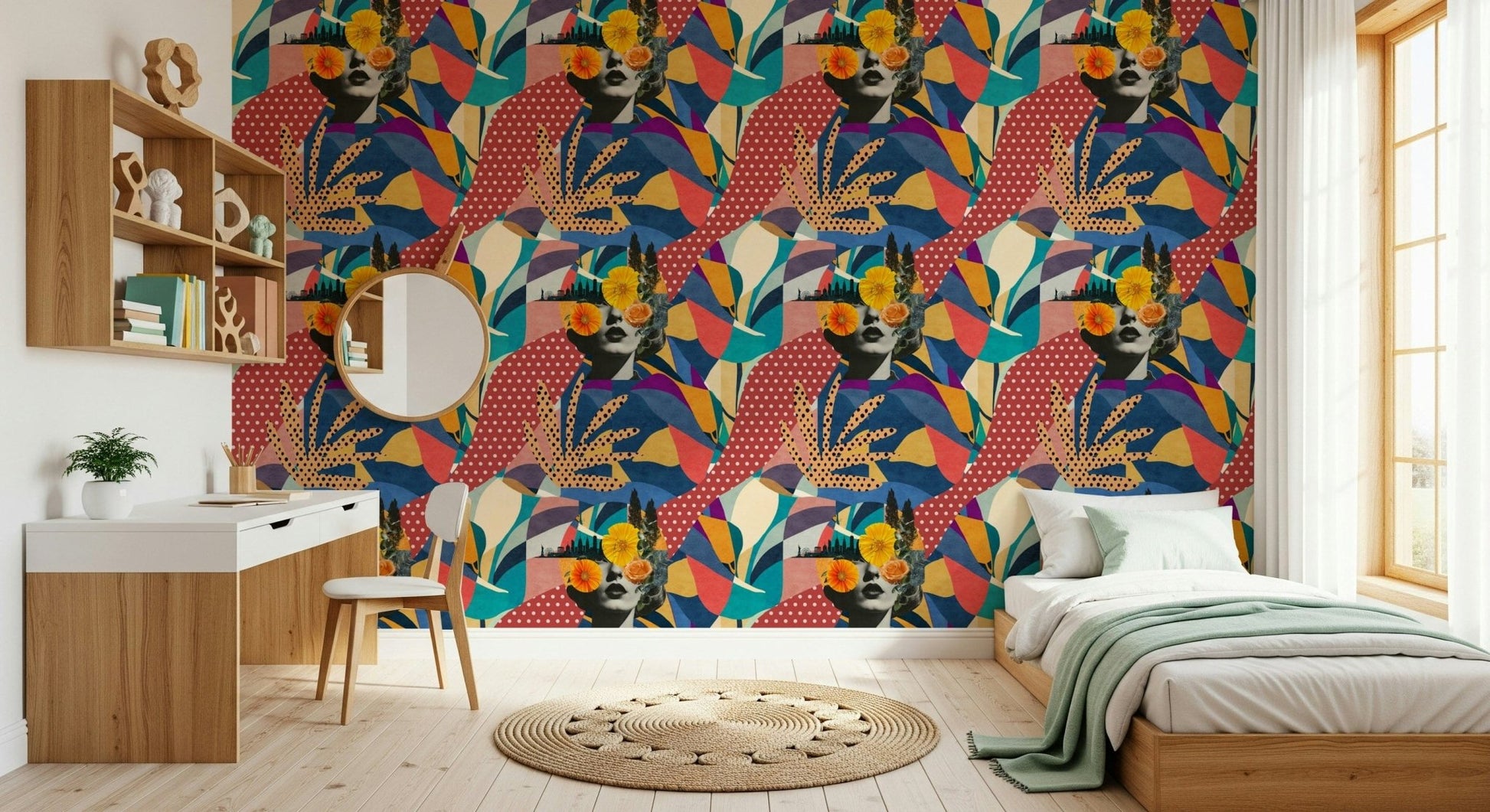 Urban Muse wallpaper behind a white desk and wood bed in a bright bedroom