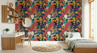 Urban Muse wallpaper behind a white desk and wood bed in a bright bedroom