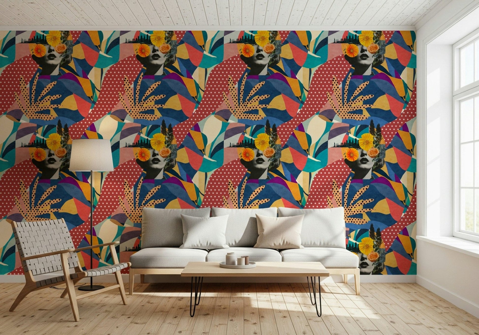 Urban Muse wallpaper behind a white bench sofa and woven lounge chair in a living room