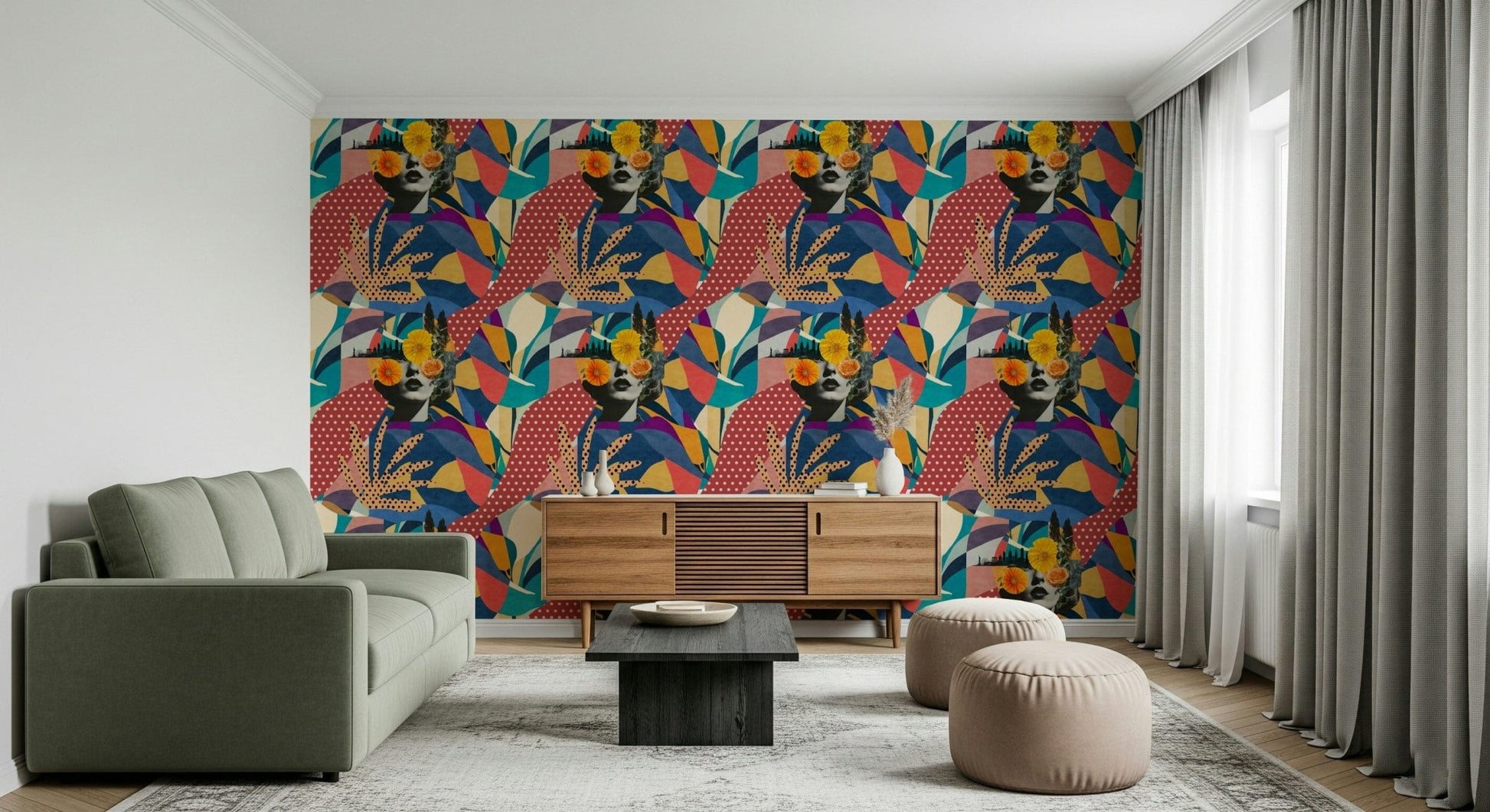 Urban Muse wallpaper behind an olive green sofa and wood sideboard in a bright living room
