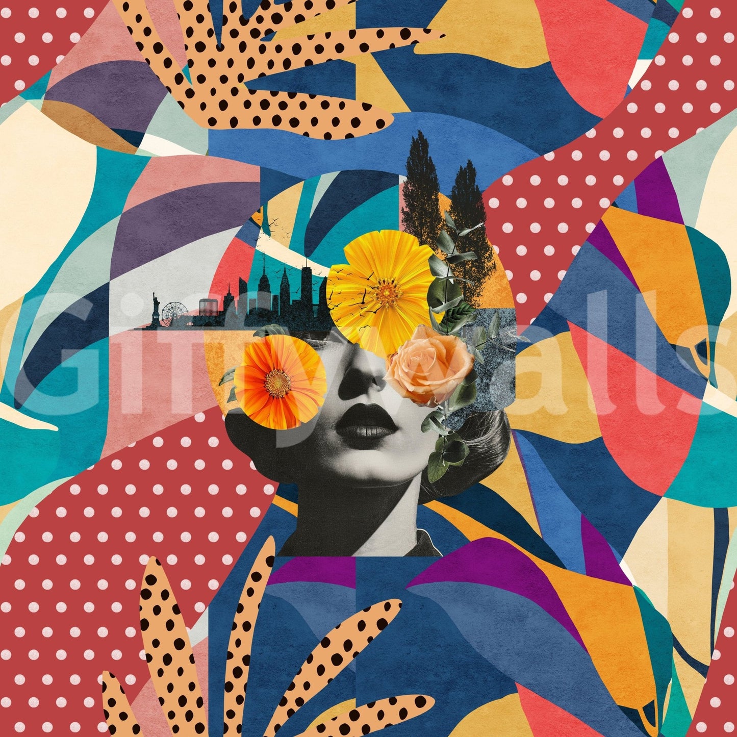 Urban Muse wallpaper close-up showing a pop-art woman's face with flowers and a city skyline