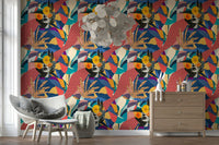 Urban Muse wallpaper in a nursery with a white egg chair, wood dresser and capiz chandelier