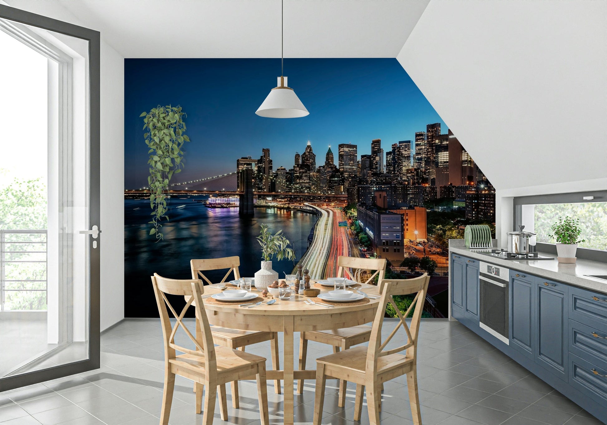 Tall building silhouettes within peel and stick wallpaper.