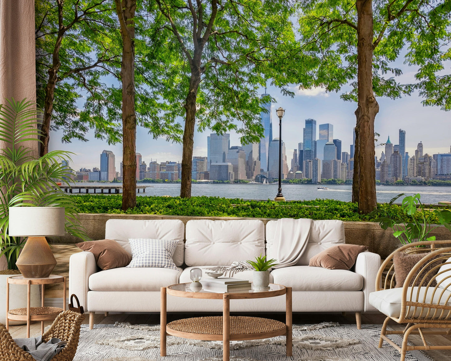 Tall trees over city horizon wallpaper for walls