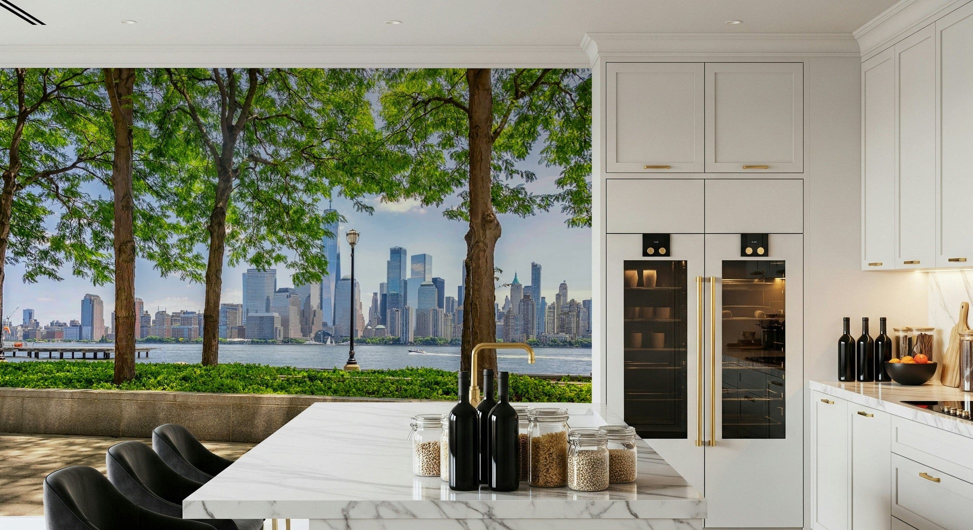 Serene waterfront park peel and stick wallpaper design