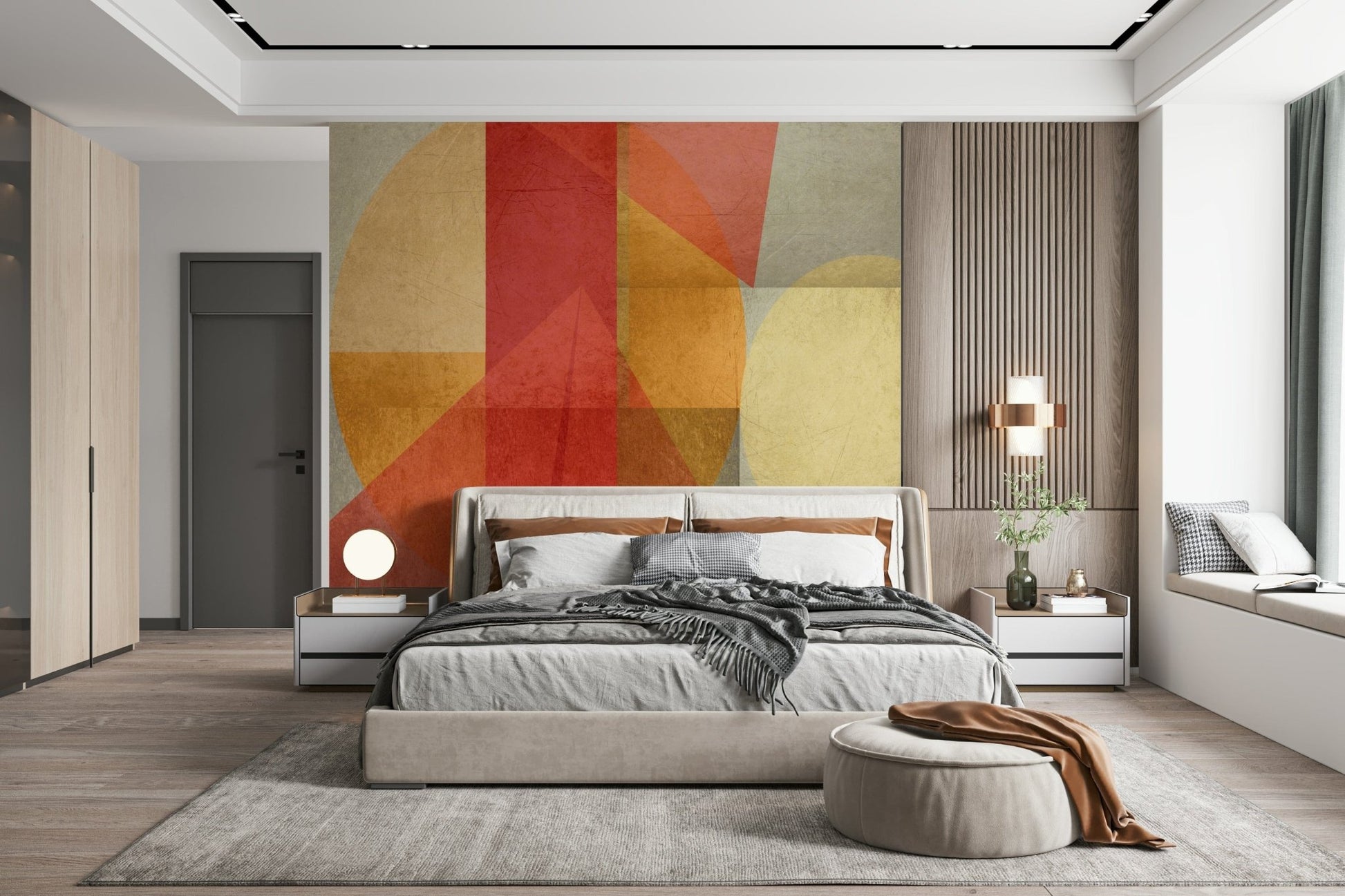 A warm-toned wallpaper showcasing urban-inspired shapes with a soft distressed texture.