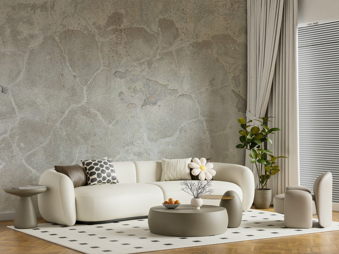Urban Texture wallpaper mural in gray concrete behind a curved cream sofa and sage round coffee table