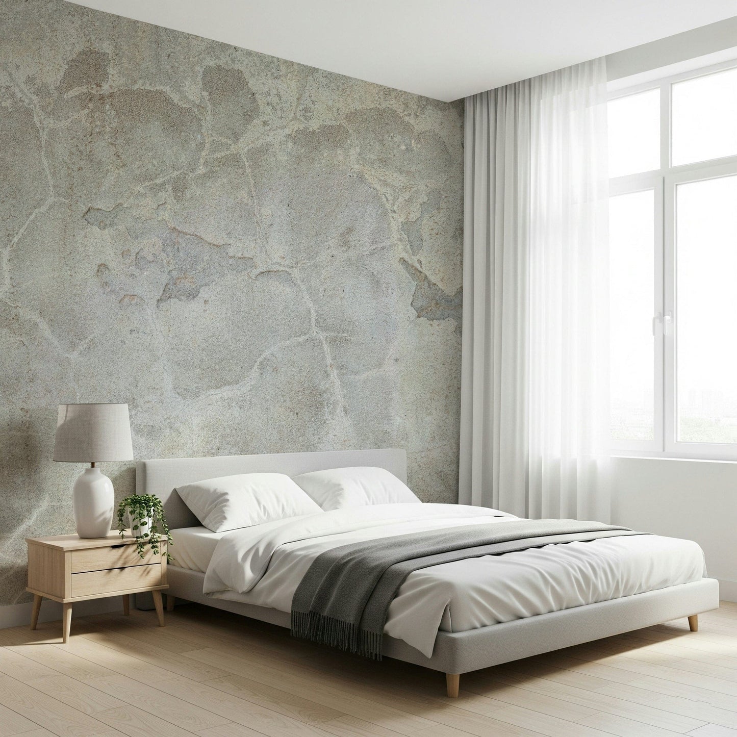 Urban Texture wallpaper mural in gray concrete behind a white bed and wood nightstand by sheer curtains