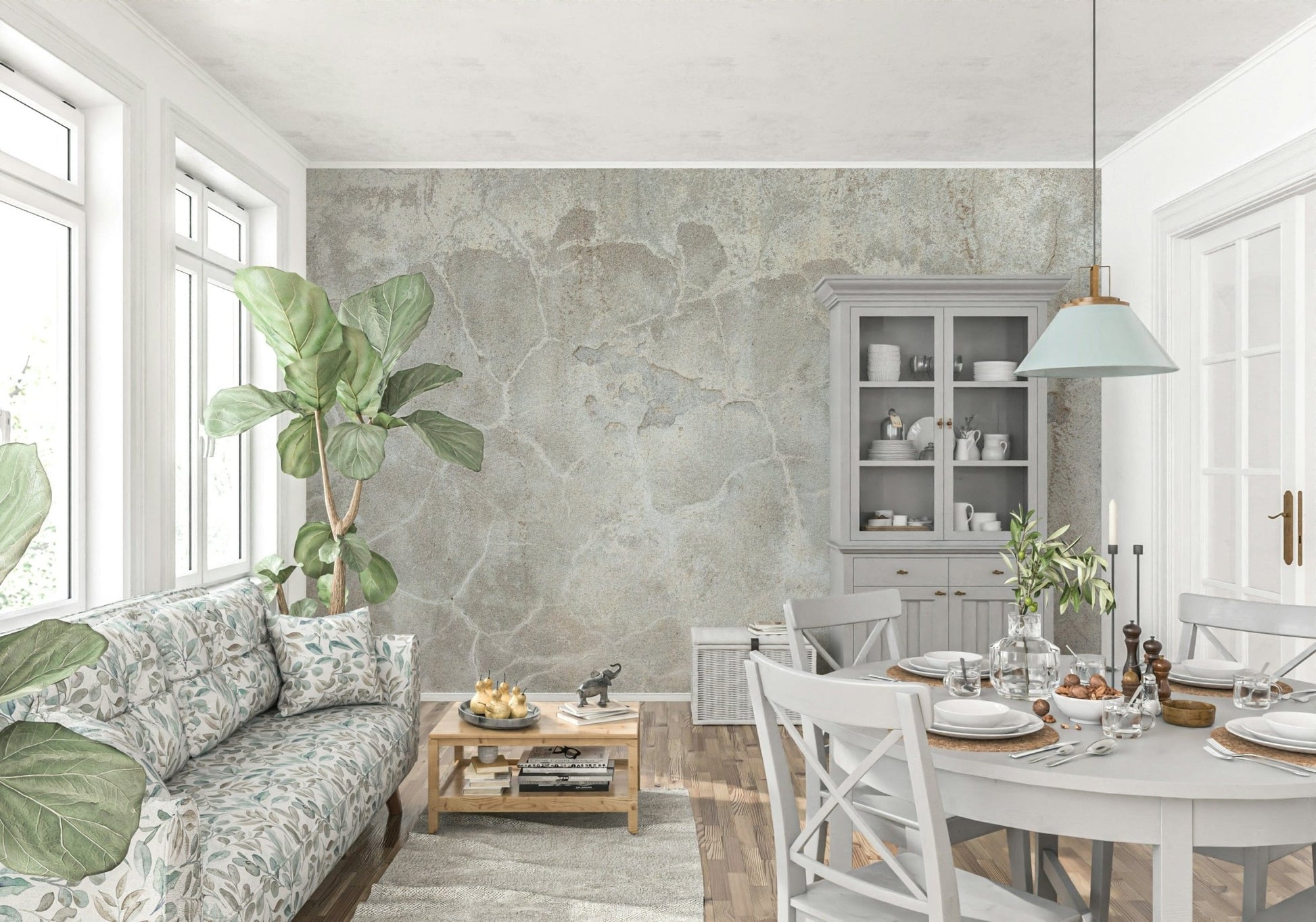Urban Texture wallpaper mural in gray plaster in a cottage living and dining room with a floral sofa