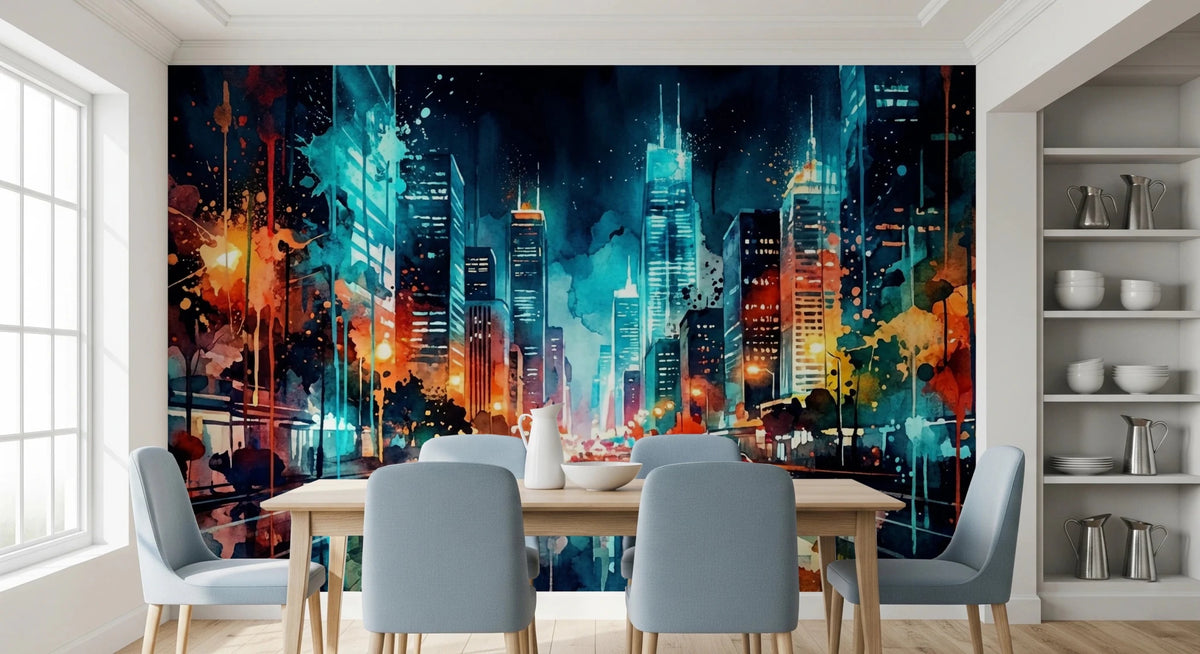 Urban Watercolor mural of a teal and orange night skyline behind a wood dining table with grey chairs