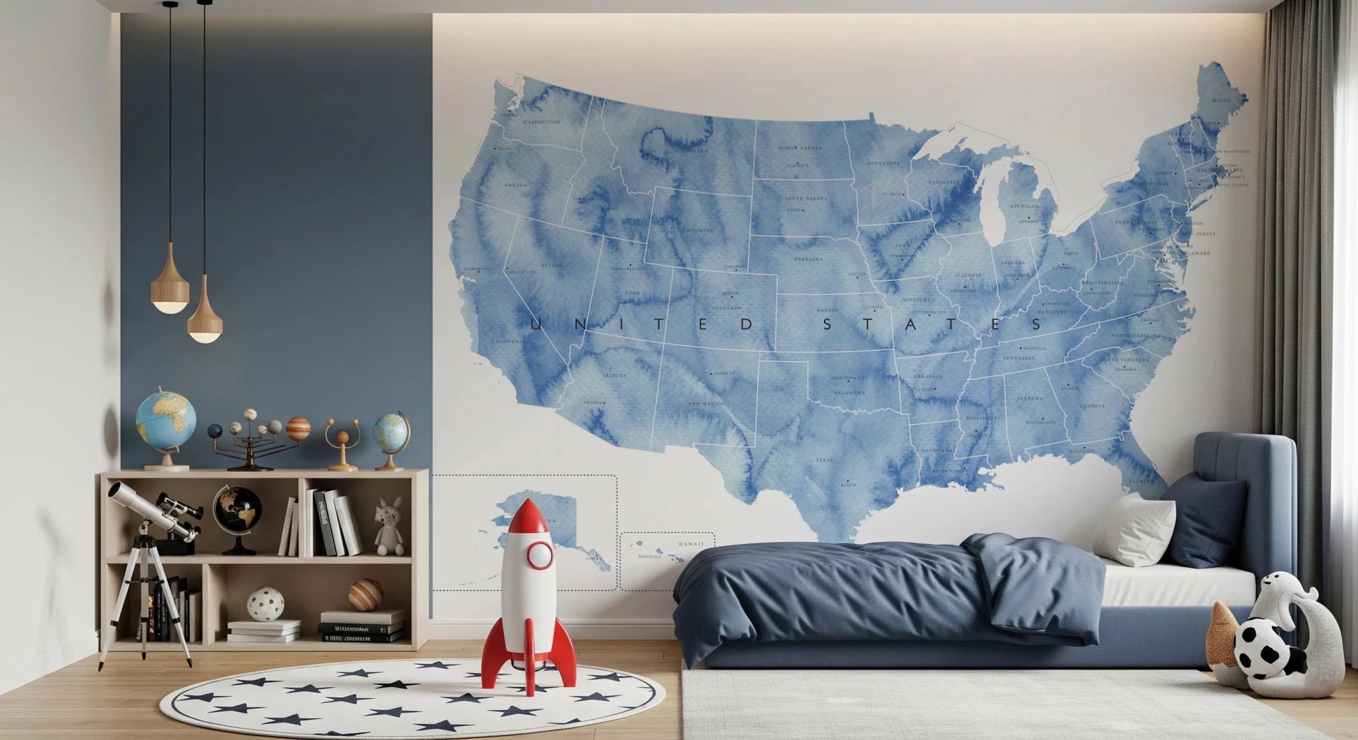 USA map with states and capitals in blue watercolor wallpaper mural in a kids bedroom with a navy bed and rocket toy