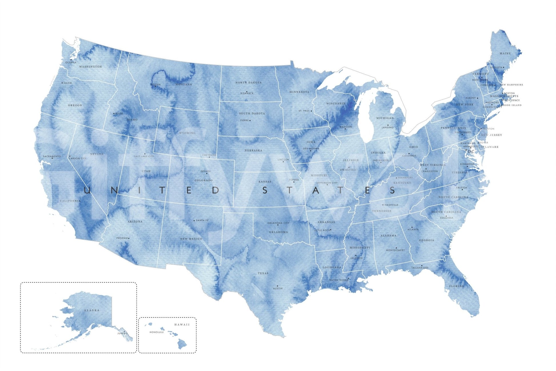 USA map with states and capitals in blue watercolor shown as a full-wall mural with Alaska and Hawaii insets