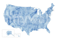 USA map with states and capitals in blue watercolor shown as a full-wall mural with Alaska and Hawaii insets