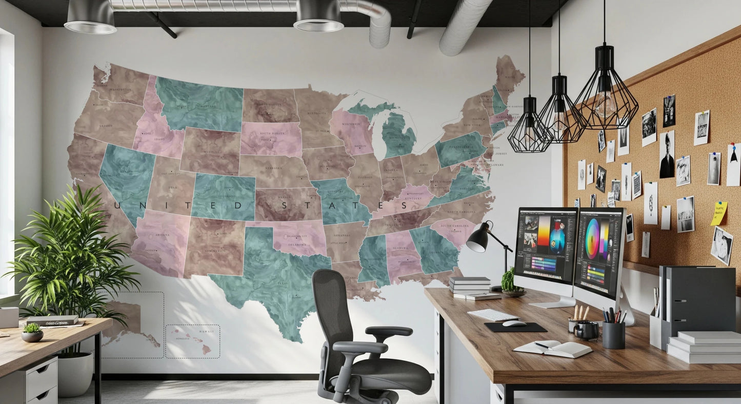 USA map with states and capitals in muted watercolor Wall Mural