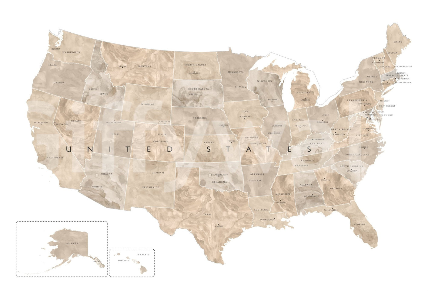 USA map with states and capitals in tan watercolor shown as a full-wall mural with Alaska and Hawaii insets