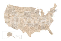 USA map with states and capitals in tan watercolor shown as a full-wall mural with Alaska and Hawaii insets