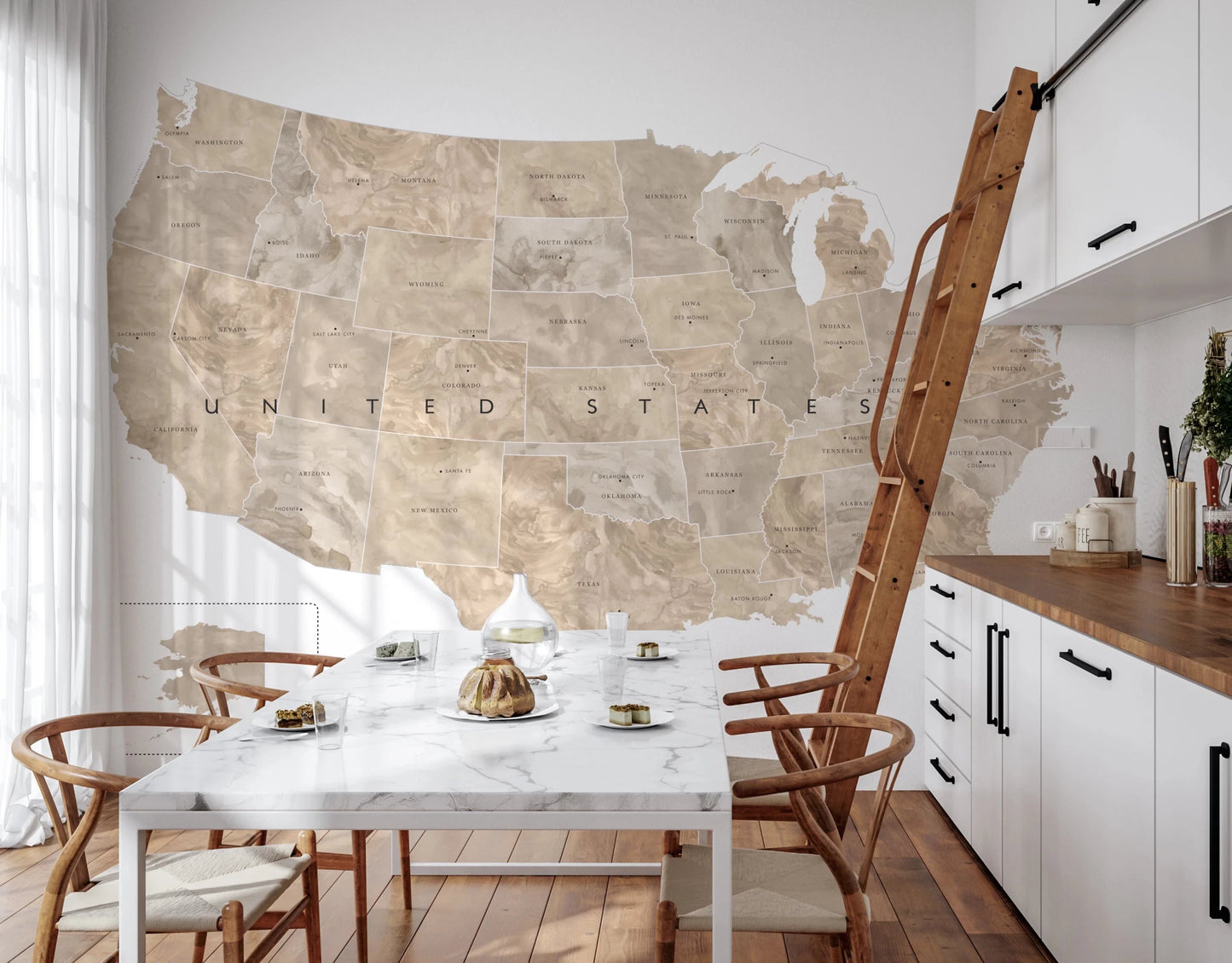 USA map with states and capitals in tan watercolor wallpaper mural in a kitchen dining nook with a marble table