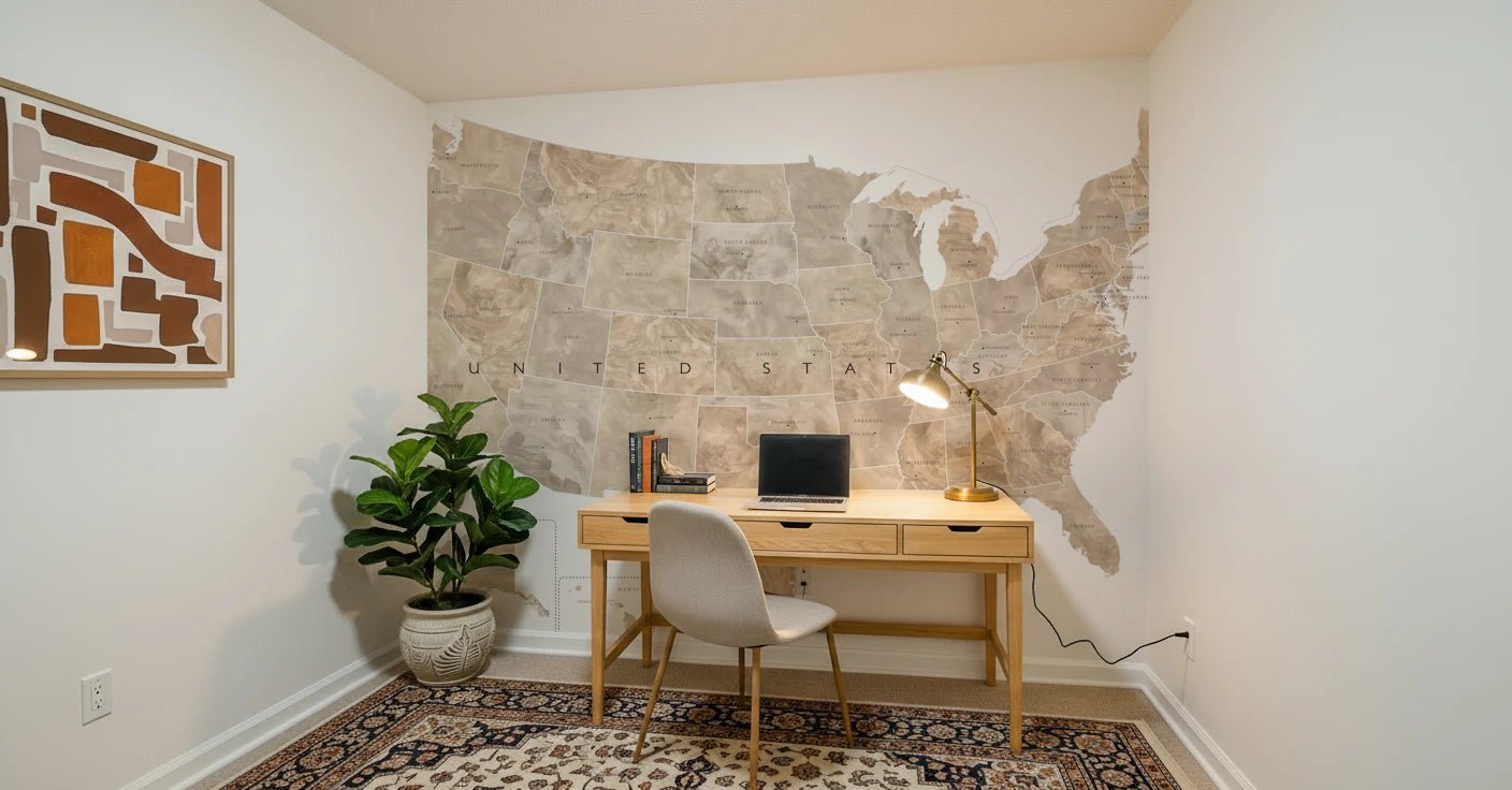 USA map with states and capitals in tan watercolor wallpaper mural in a home office above a wood desk and laptop