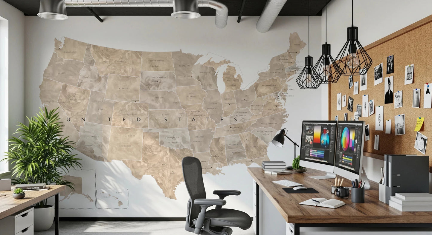 USA map with states and capitals in tan watercolor wallpaper mural in a home office with dual monitors and a desk
