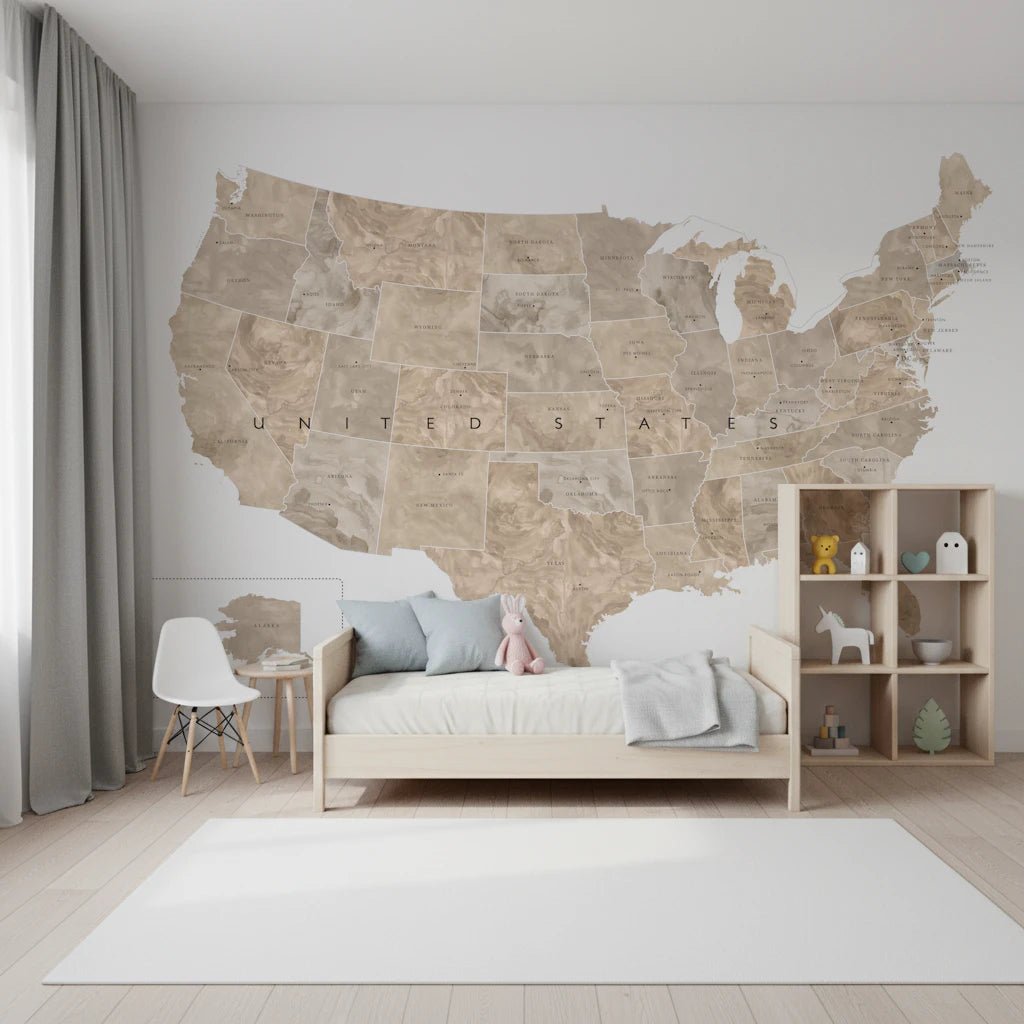 USA map with states and capitals in tan watercolor wallpaper mural in a kids bedroom with a wood bed and toy shelf