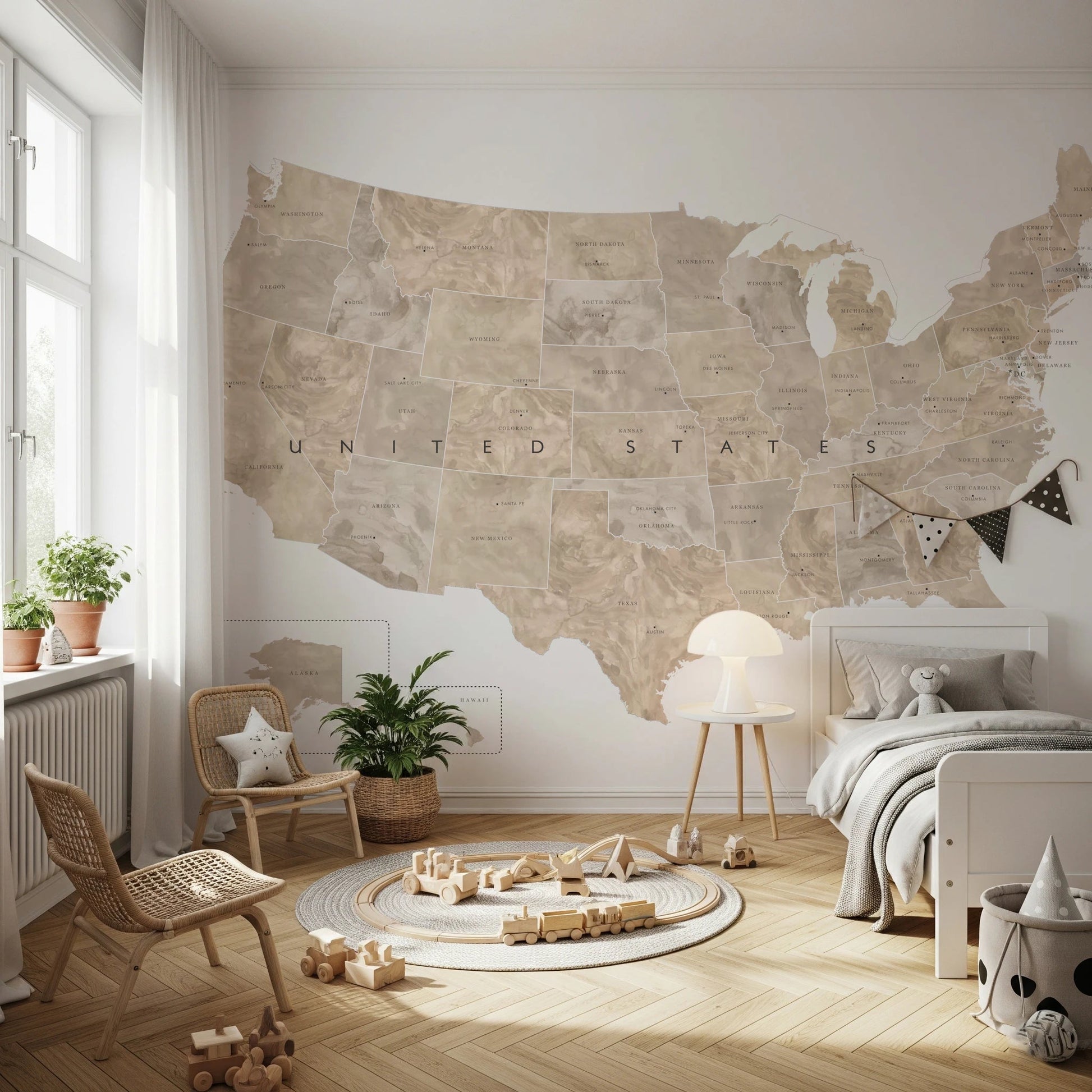 USA map with states and capitals in tan watercolor wallpaper mural in a kids bedroom with a white bed and wood toys