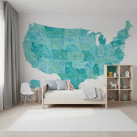 USA map with states and capitals in teal watercolor Wall Mural