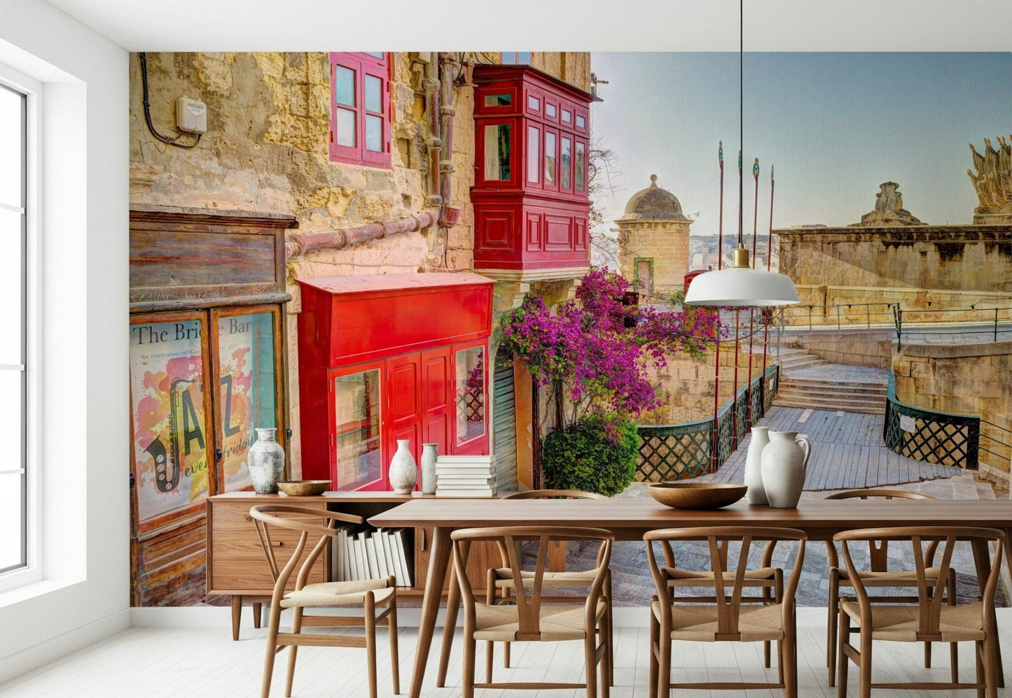 Historic stone buildings wallpaper in bedroom, modern style, warm colour accents