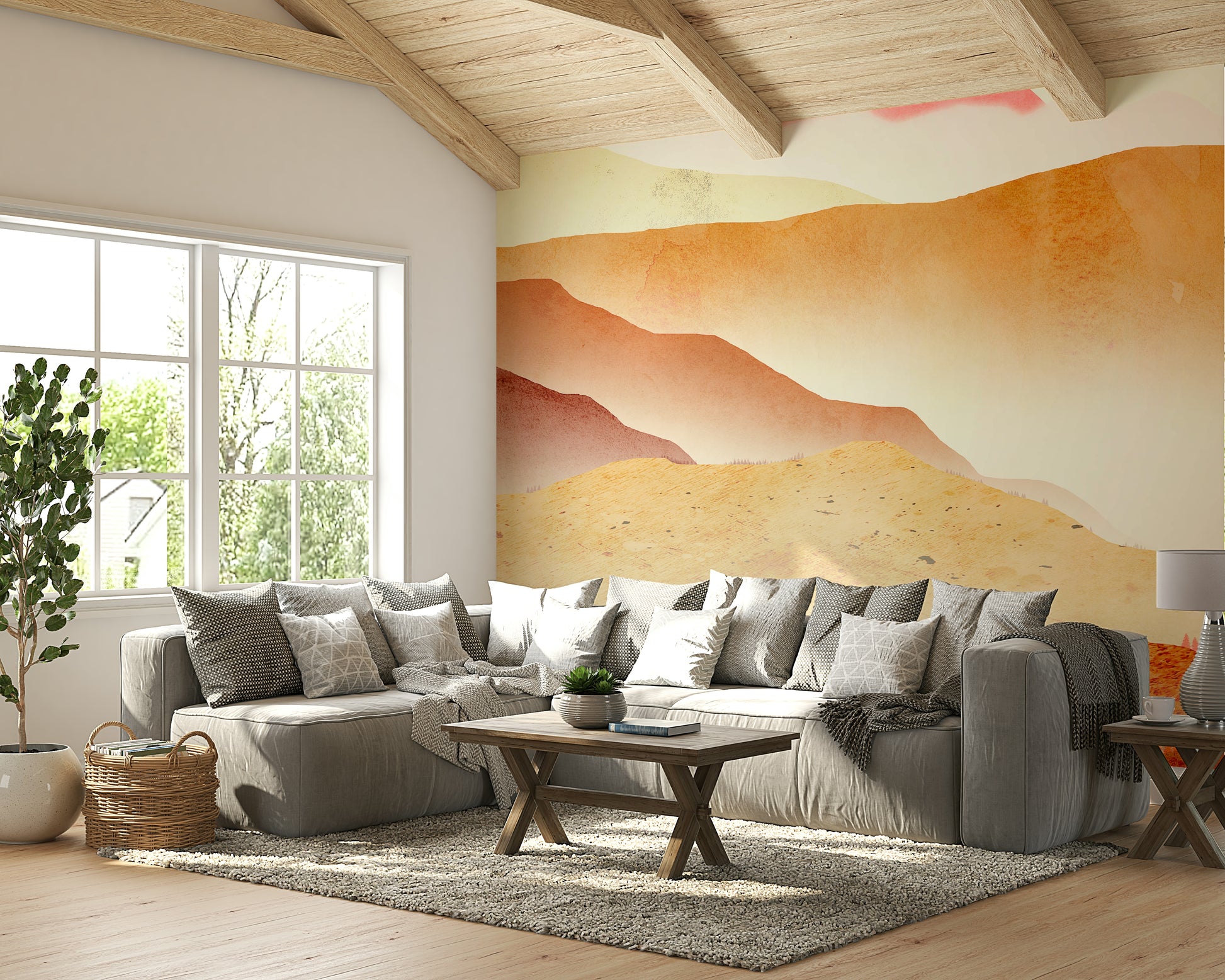 Artistic desert peaks for a guest bedroom feature wall with cream linen bedding.