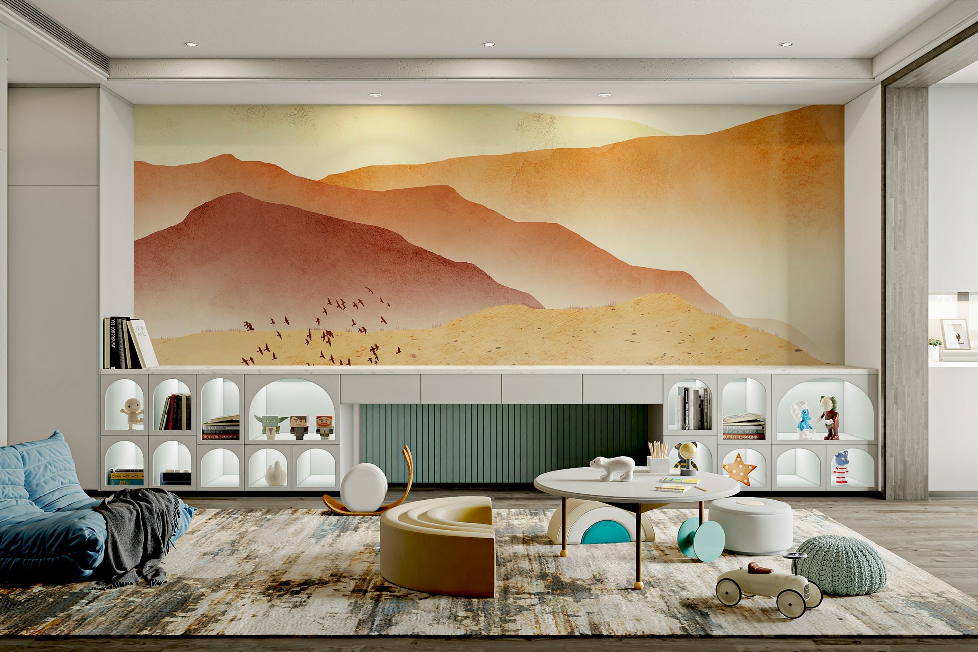 Abstract canyon mural for a workspace with minimalist shelving and terracotta pots.