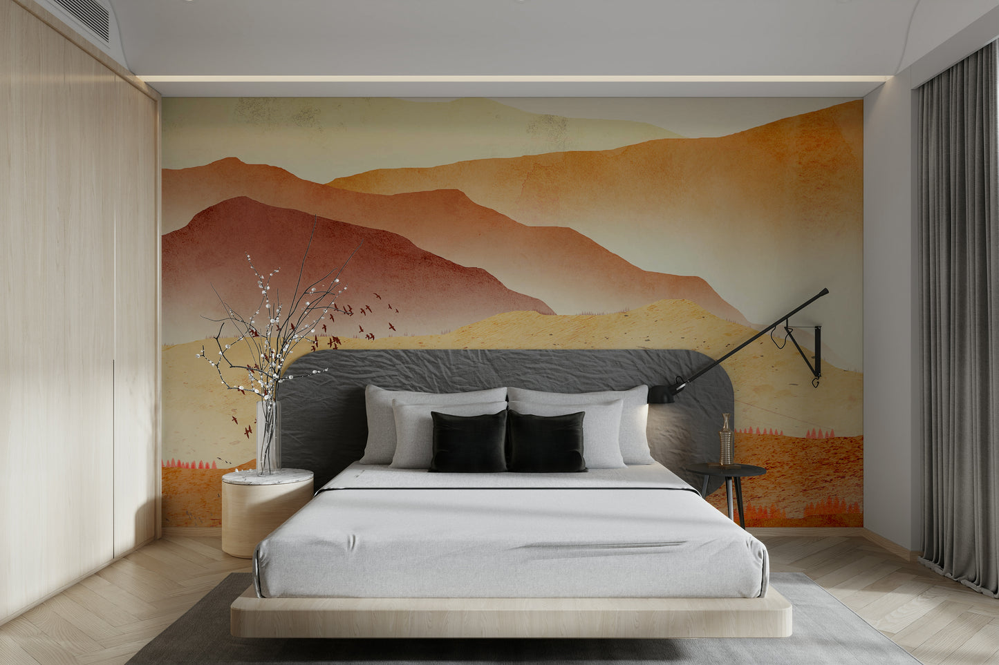 Valley of fire mountains design on a wide feature wall in a contemporary interior.