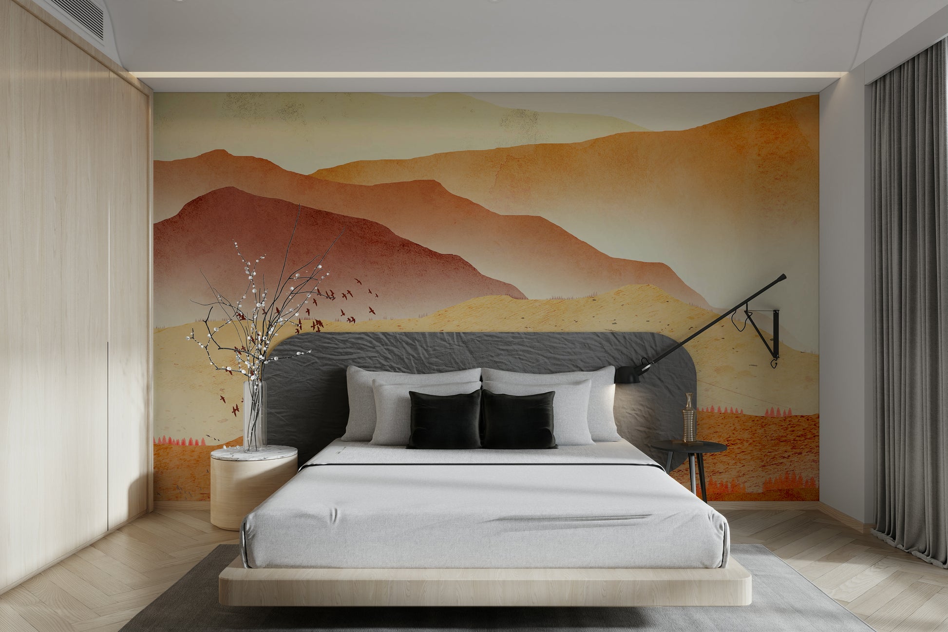 Valley of fire mountains design on a wide feature wall in a contemporary interior.