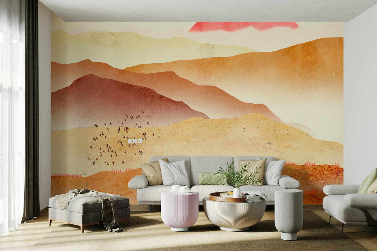 Valley of fire mountains mural in a stylish flat featuring soft lighting and velvet cushions.