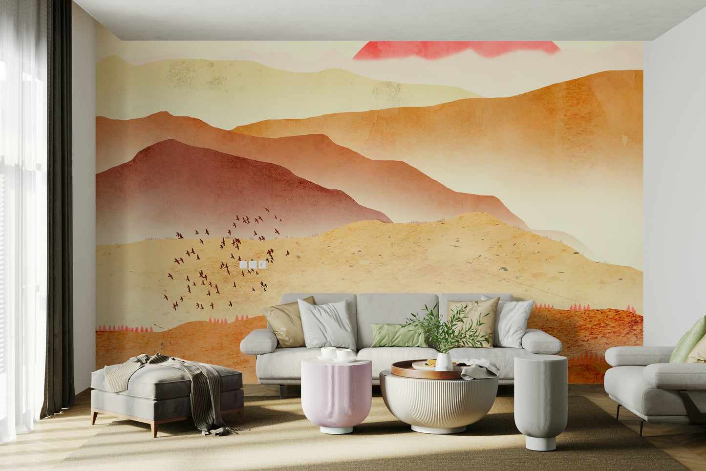 Valley of fire mountains mural in a stylish flat featuring soft lighting and velvet cushions.