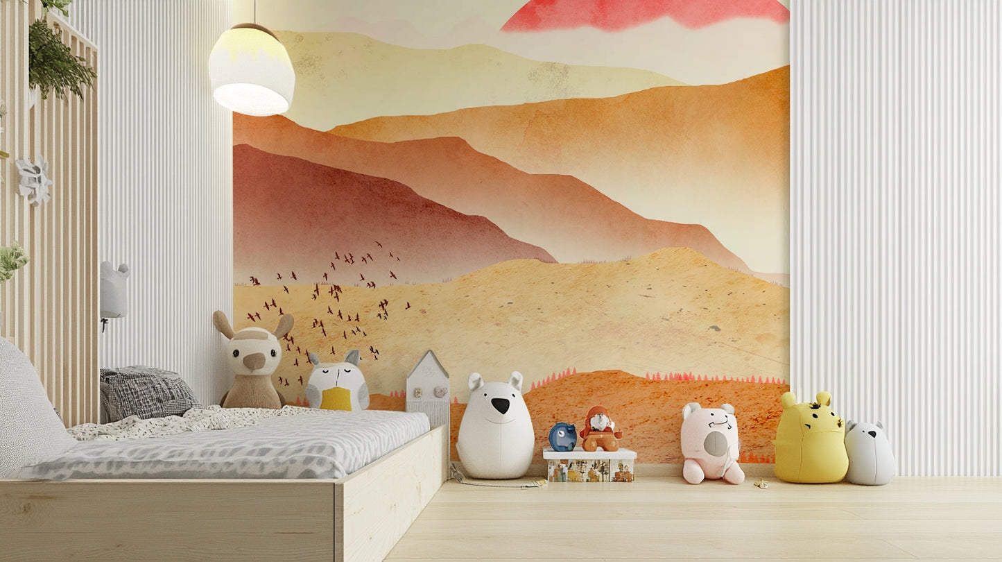 Rugged mountain shapes in an open plan living space with light oak flooring.