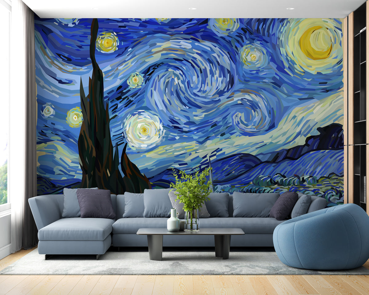 Starry Night Van Gogh Design wallpaper mural shown as a full feature wall that highlights the design